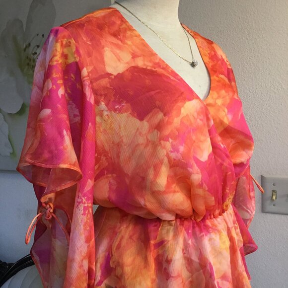 GUESS Printed Blouse Top Long Slit Sleeve Wrapped Ruched Waisted Chiffon S - Picture 5 of 11